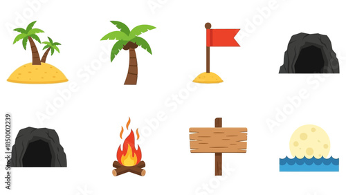 Set of tropical island adventure and survival icons