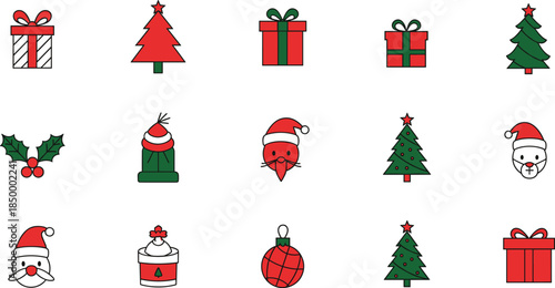 Set of Christmas holiday icons and symbols featuring decorated trees gift boxes Santa Claus faces holly leaves and winter hats isolated on white background flat vector illustration