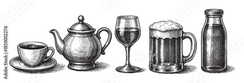 A line of classic beverages including coffee, tea, wine, beer, and milk is depicted in a detailed black and white engraving style, perfect for retro themes.