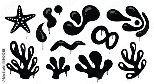 Abstract collection of black ink drip shapes and fluid organic silhouettes including a starfish and coral forms on white.