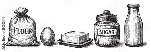 A classic vintage black and white illustration showcases essential baking ingredients including flour, egg, butter, sugar, and milk, perfect for recipe books and culinary design.