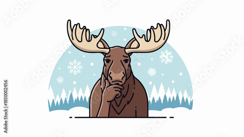 Stylized illustration of a moose in a serene winter landscape with snow-covered trees and rolling hills