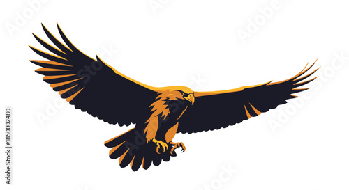 Majestic golden eagle soaring with wings spread wide in a powerful flight posture against a clean white background.