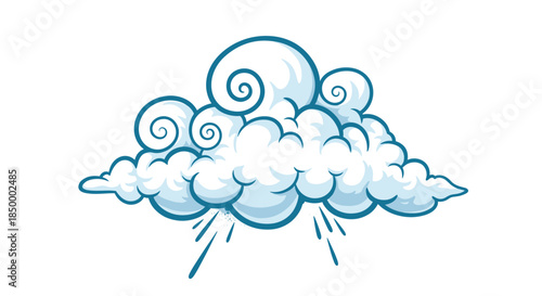 Decorative blue and white stylized cloud illustration featuring elegant swirl patterns and raindrop elements on a plain background.