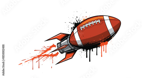 Dynamic illustration of an american football designed as a flying rocket with orange and black paint splatters and drips.