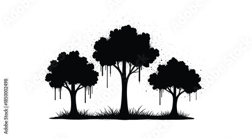 Minimalist black silhouette of three leafy trees with artistic dripping paint effects and grass detail on a white background.