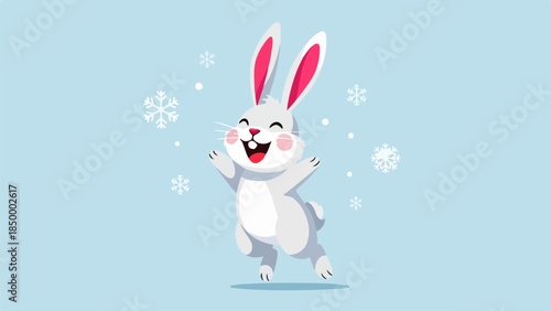 Cheerful cartoon rabbit with pink cheeks and ears standing upright on hind legs with snowflakes in background