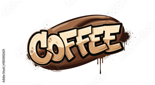Stylized graffiti style coffee text overlaying a large brown coffee bean with splatters and a single long drip of ink.