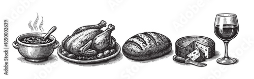 This vintage engraving showcases a celebratory meal arrangement featuring a whole roasted chicken, fresh bread, cheese with a knife, and a glass of wine, perfect for culinary and holiday themes.