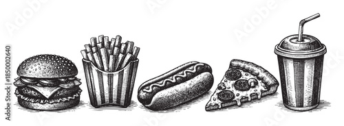A classic black and white line art illustration features a detailed assortment of popular fast food items including a burger, french fries, hot dog, pizza slice, and a drink with straw.