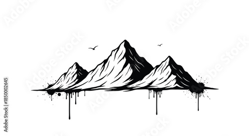 Majestic mountain range silhouette with flying birds and artistic dripping black ink effects along the horizon line on white.