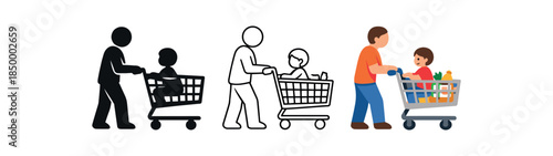 family life parent pushing grocery cart with child sitting inside