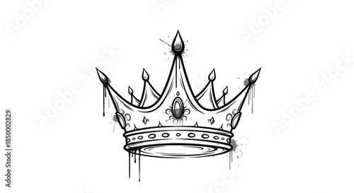 Royal crown outline illustration with intricate details and artistic black ink drips for a modern and edgy regal aesthetic.