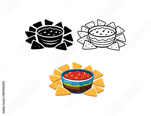 cinco de mayo layered dip bowl with chips surrounding circle