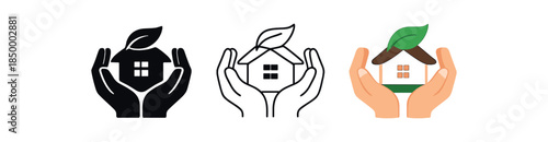 eco sustainability hands cupping small house with leaf roof