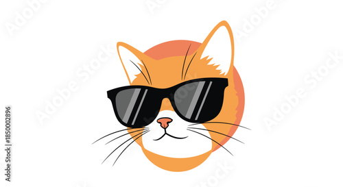 Cool ginger cat wearing stylish black sunglasses against a warm orange circle background in a minimalist modern style.