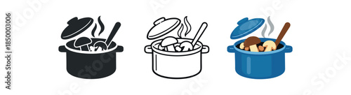 mushroom foraging mushroom cooking pot with steam rising and spoon