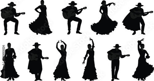 Flamenco silhouette collage, Spanish dance, guitar players, expressive poses, cultural art, traditional movement, black figures, dynamic gestures, grayscale illustration, artwork