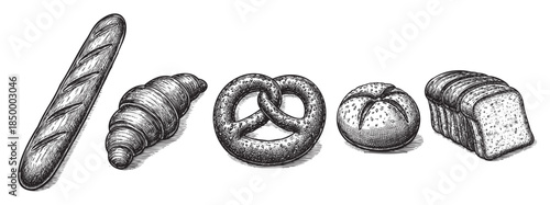 A vintage-style black and white illustration featuring a variety of baked goods including a baguette, croissant, pretzel, bun, and sliced bread arranged in a row.