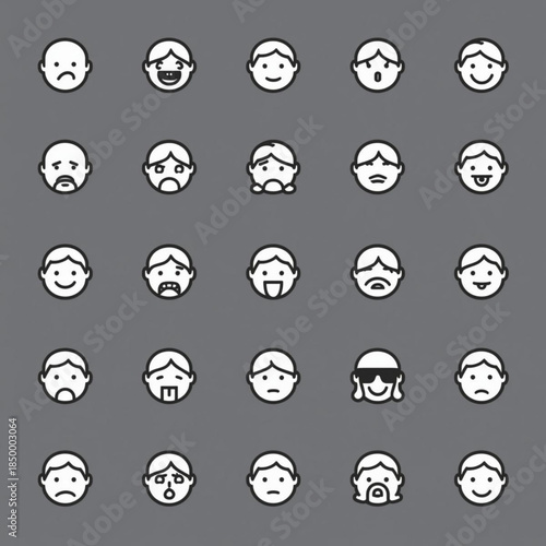 White Outline Icons of Human Faces on Gray Background