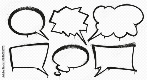 Graffiti speech bubble set in spray paint style. Vector illustrations on transparent background.