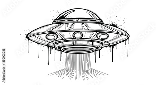 Classic flying saucer UFO illustration with intricate technical details and expressive black ink drips in an edgy style.
