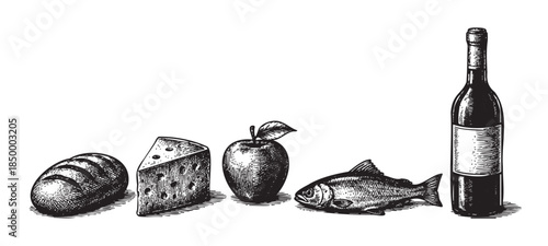 A detailed black and white illustration depicts a row of vintage food items, including bread, cheese, an apple, fish, and a wine bottle, set against a clean white backdrop.