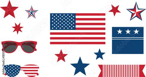 Set of American patriotic icons and symbols featuring the United States flag red and blue stars sunglasses with stripes and decorative banners isolated on white background flat vector illustration