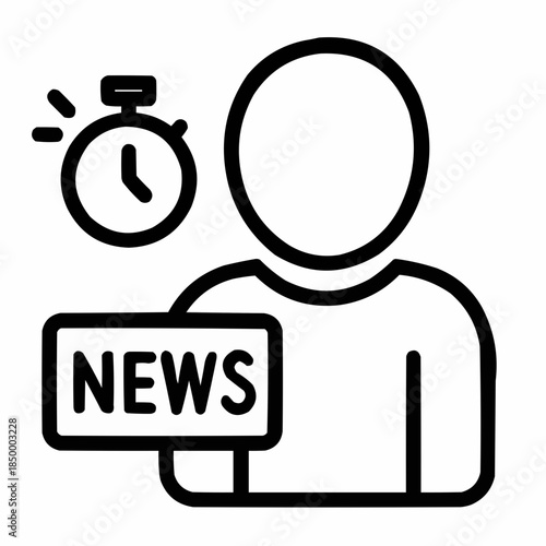 Line icon of a person with stopwatch and news card — rapid update, black on white, square minimalist style