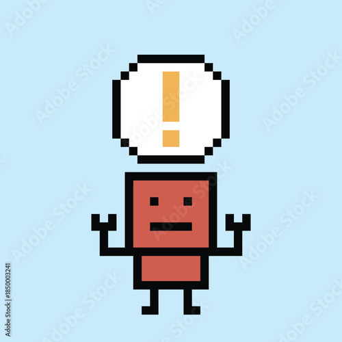 Cartoon humanoid robot exclamation mark toy robotic engineer bot machine business vector character automation electronic game background 8bit artificial intelligence pixel art.