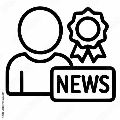 Line icon of a person with ribbon and news icon — trusted source, black on white, square minimalist style