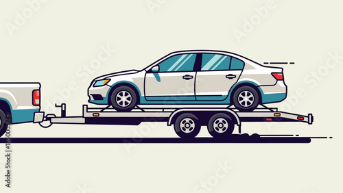 White Sedan Car Transported on a Flatbed Trailer.