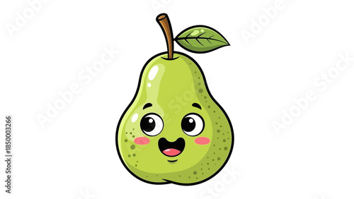 Cute cartoon green pear character with happy face.