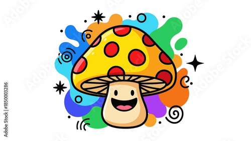 Cute cartoon mushroom character with happy face.