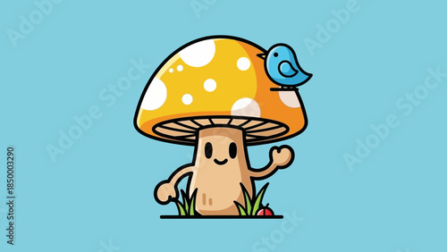 Cute cartoon mushroom character with a bird on its head.