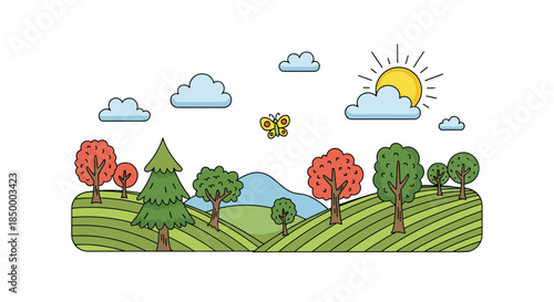 Cartoon landscape design depicts rolling green hills under a bright sun with fluffy clouds and a flying yellow butterfly.