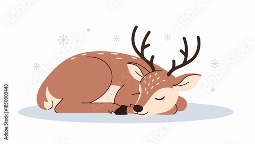Solitary deer resting in a serene winter landscape with snowy terrain and scattered snowflakes