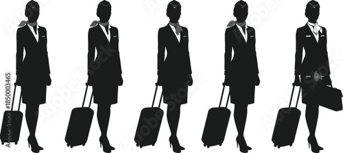 Flight attendant, silhouette, uniform, suitcase, travel, airline staff, professional, standing pose, skirt, blazer, neck scarf