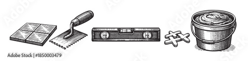 Engraved illustration of tiling tools and materials including tiles, trowel, level, spacers, and a bucket of grout on a white background.