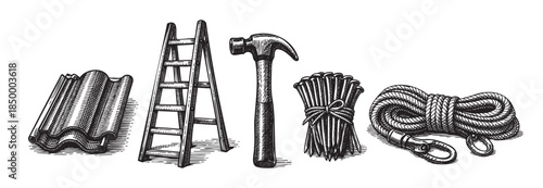 A black and white illustration depicts a collection of vintage tools and objects including a rolled up tarp, a ladder, a hammer, a bundle of nails, and a coiled rope arranged on a white background.
