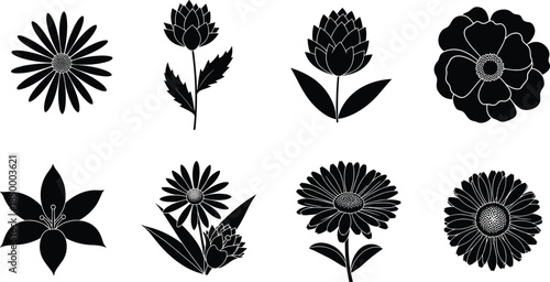 Floral silhouette collection, eight flower types, petal variations, botanical design, black and white art, elegant motif, decorative elements