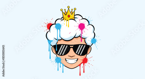 Artistic character with cloud hair wearing a crown and sunglasses stands out with vibrant multi colored paint splatters.