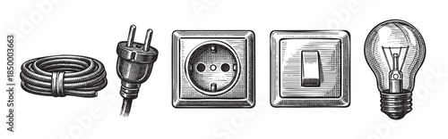 This scratchboard illustration features essential electricity symbols: a coiled power cord, a socket, a light switch, and a lightbulb, presented on a white background for versatile design use.