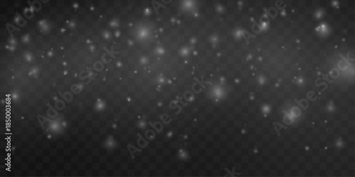 White festive dust glows softly with subtle sparkling highlights. Floating powder adds elegance and light airy motion. Ideal overlay for holiday cards, banners, and backgrounds vector