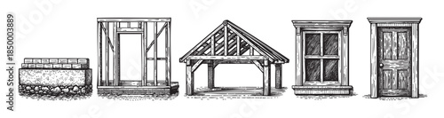 Black and white engraving style illustration showcasing various vintage architectural elements and building components, including a foundation, wall framing, roof structure, window, and door.