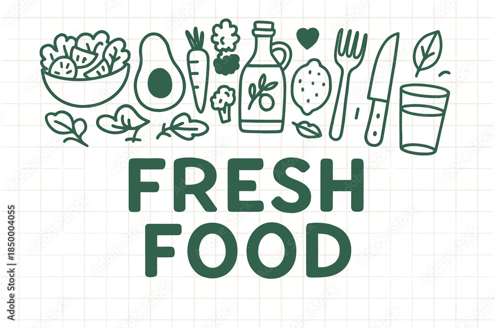 Naklejka premium Fresh food and ingredients vector illustration with avocado, salad, and utensils