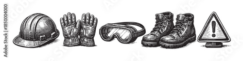 A vintage style black and white illustration on a white background depicts a collection of safety equipment including a hard hat, gloves, goggles, boots, and a caution sign.