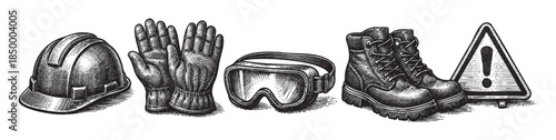 A classic black and white woodcut style illustration of essential construction safety equipment including a hard hat, gloves, goggles, boots, and a warning sign.