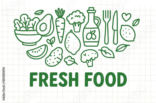 Fresh food illustrations with vegetables and fruits on grid background