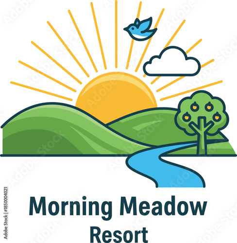 Morning Meadow Resort Logo with Sunrise Landscape and River Vector Illustration
